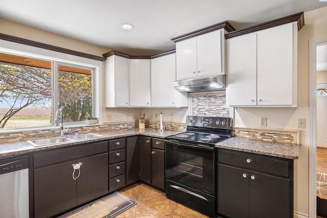 kitchen with dishwasher, white cabinetry, black electric range oven, sink, and decorative backsplash