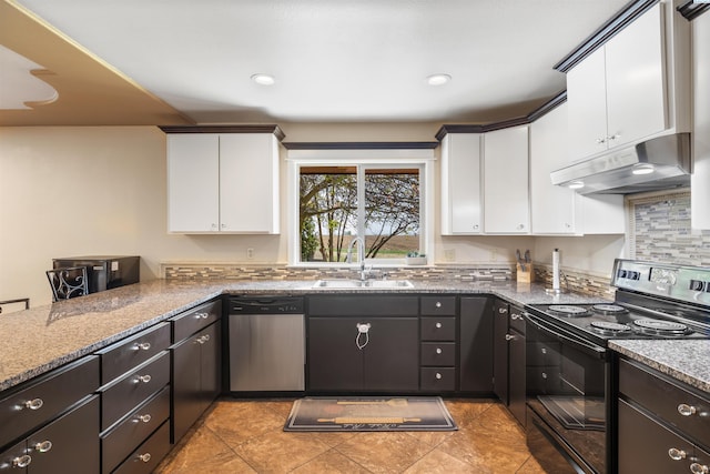 kitchen with sink, stone countertops, dishwasher, black range with electric stovetop, and white cabinets