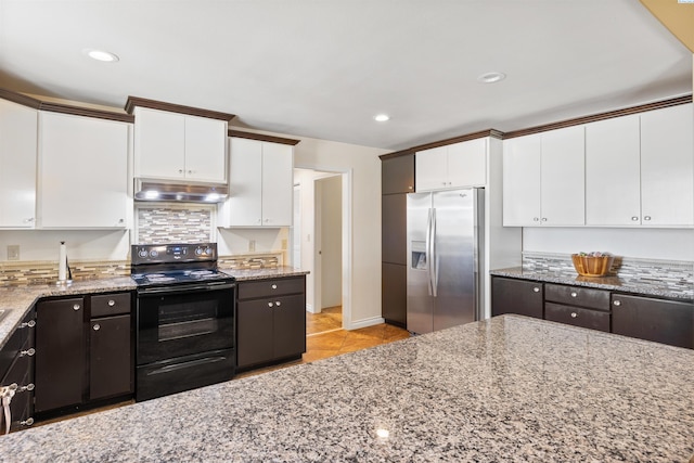 kitchen with white cabinetry, dark brown cabinets, black / electric stove, and stainless steel fridge with ice dispenser