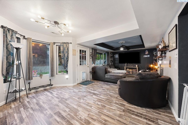 3715 Meadow Beauty Dr, Pasco, WA 99301 - living area featuring baseboards, a raised ceiling, wood finished floors, and a textured ceiling