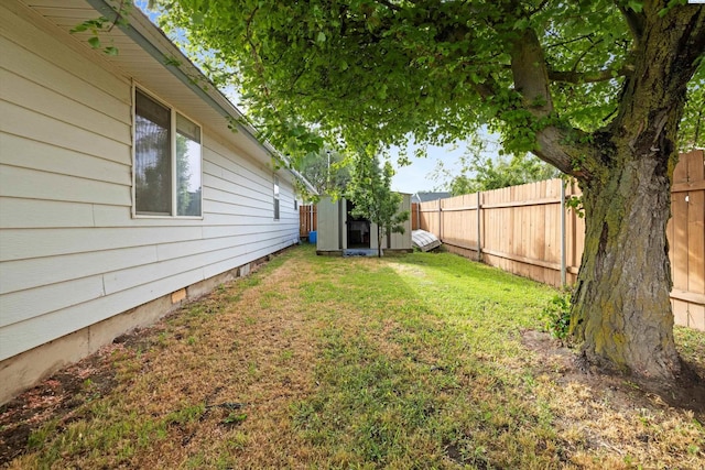 view of yard featuring a storage shed