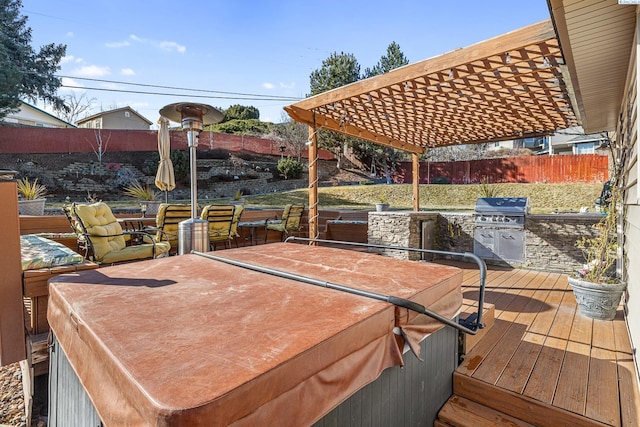 wooden terrace featuring a pergola, a grill, and fence