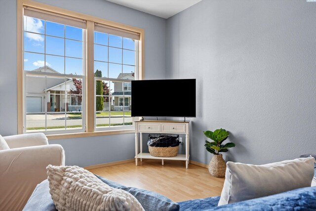 living room with plenty of natural light, baseboards, and wood finished floors