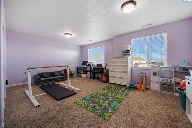 workout area with a textured ceiling, carpet flooring, visible vents, and baseboards