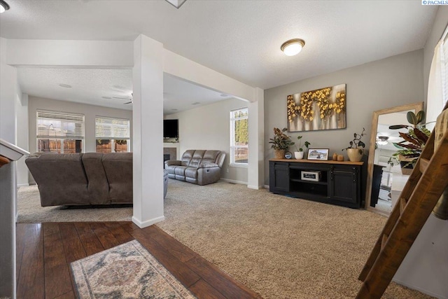 interior space featuring a healthy amount of sunlight, a textured ceiling, baseboards, and hardwood / wood-style floors