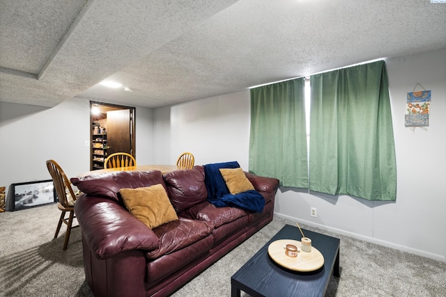 carpeted living area featuring a textured ceiling and baseboards