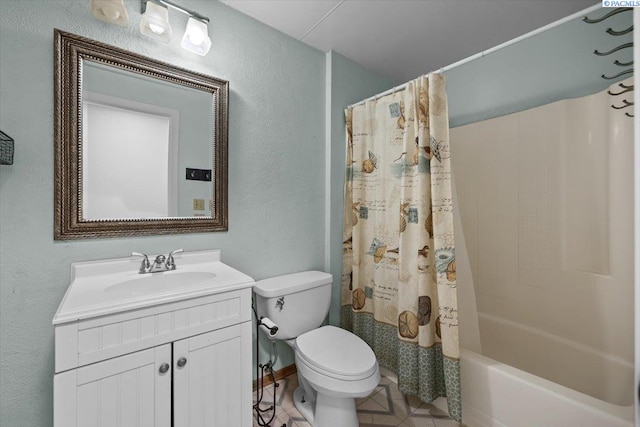 7009 W 8th Ave, Kennewick, WA 99336 - full bathroom featuring a textured wall, toilet, vanity, shower / bathtub combination with curtain, and tile patterned floors