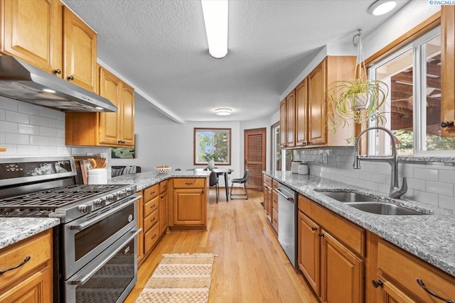 7009 W 8th Ave, Kennewick, WA 99336 - kitchen featuring stainless steel appliances, a sink, under cabinet range hood, light wood-style flooring, and backsplash
