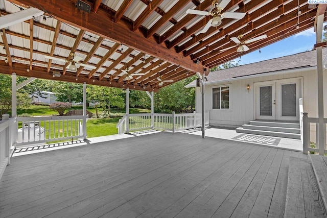 7009 W 8th Ave, Kennewick, WA 99336 - wooden deck featuring french doors, ceiling fan, and a yard