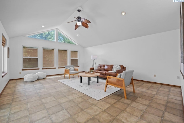 7009 W 8th Ave, Kennewick, WA 99336 - living area with a ceiling fan, lofted ceiling, and baseboards