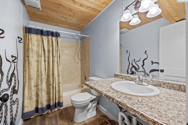 7009 W 8th Ave, Kennewick, WA 99336 - bathroom with wood ceiling, a sink, wood finished floors, toilet, and shower / bathtub combination with curtain