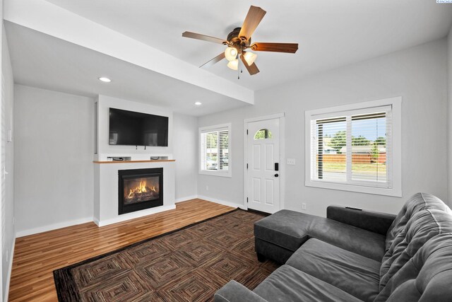 205 W 8th St, Colfax, WA 99111 - living area with dark wood-style floors, a glass covered fireplace, recessed lighting, and ceiling fan