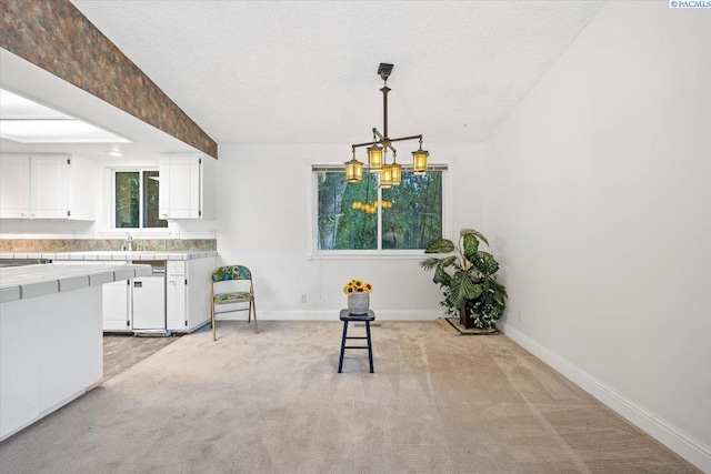 unfurnished dining area with light colored carpet and a textured ceiling