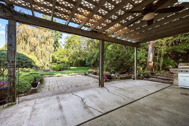 view of patio / terrace with ceiling fan and a pergola