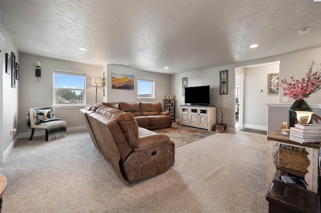 5901 W Ruby St, Pasco, WA 99301 - living room featuring carpet, baseboards, plenty of natural light, recessed lighting, and a textured ceiling