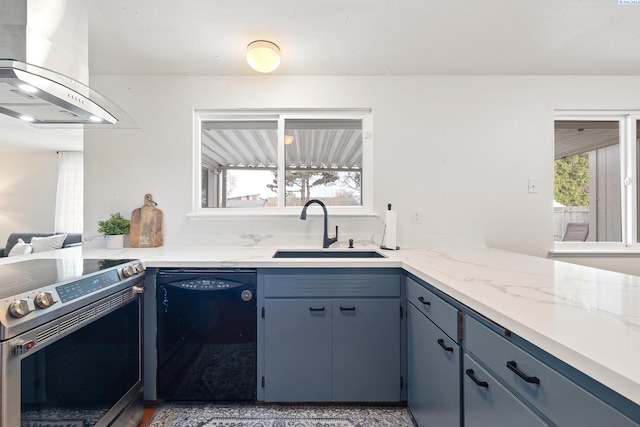 2128 Shasta Ave, Richland, WA 99354 - kitchen featuring island exhaust hood, blue cabinetry, black dishwasher, stainless steel range with electric cooktop, and a sink