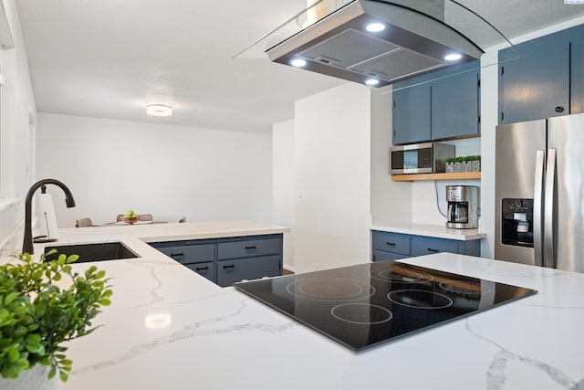 2128 Shasta Ave, Richland, WA 99354 - kitchen with a sink, light stone countertops, extractor fan, appliances with stainless steel finishes, and blue cabinets