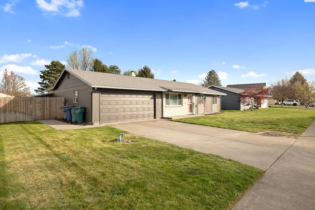 2128 Shasta Ave, Richland, WA 99354 - ranch-style house with roof with shingles, driveway, an attached garage, a front yard, and fence