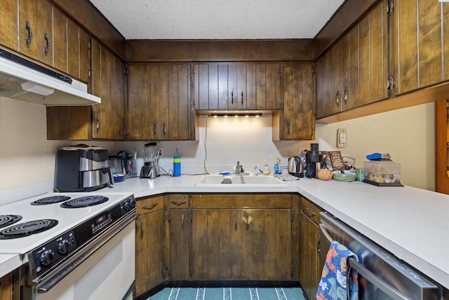 kitchen featuring sink, a textured ceiling, white electric stove, and dishwasher