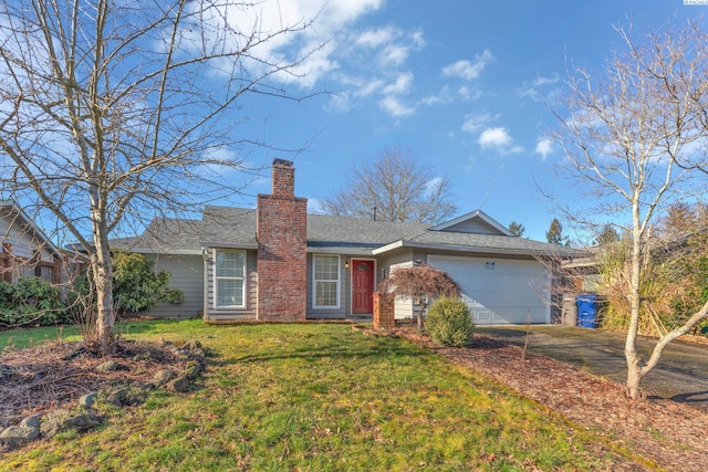 ranch-style house with a garage and a front yard