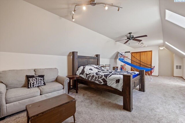 19408 Quail Run Pr SW, Prosser, WA 99350 - bedroom featuring light carpet, lofted ceiling, and track lighting
