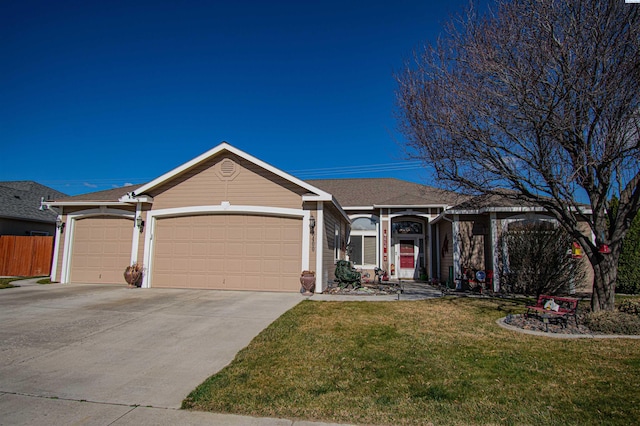 single story home with a garage, a front yard, concrete driveway, and fence