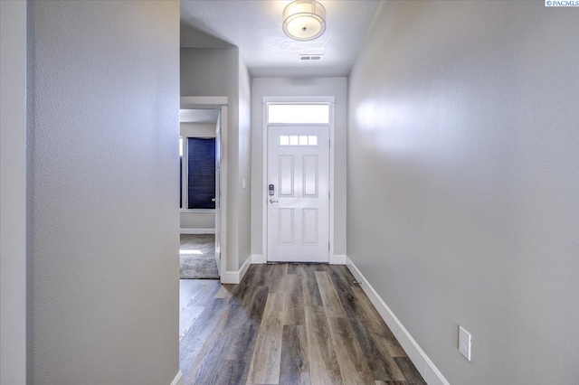 doorway with visible vents, baseboards, and wood finished floors
