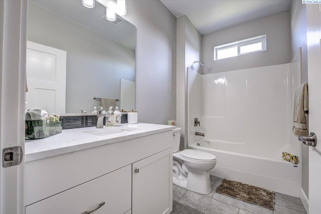 bathroom featuring tile patterned flooring, shower / bathtub combination, toilet, and vanity