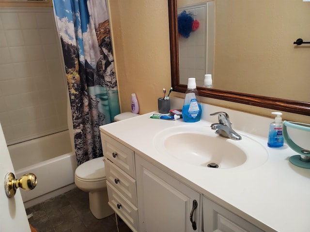 full bathroom with vanity, shower / bathtub combination with curtain, and toilet