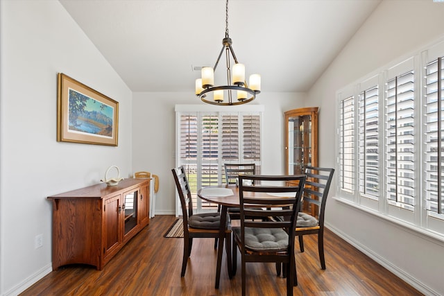 5168 Chris St, West Richland, WA 99353 - dining room with vaulted ceiling, a chandelier, plenty of natural light, and dark wood finished floors
