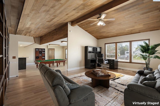 living room with billiards, baseboards, wooden ceiling, and wood finished floors