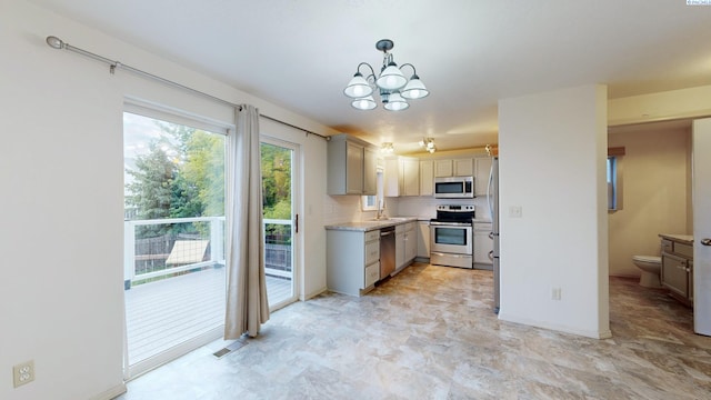 1625 NW Valhalla Dr, Pullman, WA 99163 - kitchen featuring stainless steel appliances, a chandelier, pendant lighting, backsplash, and a sink