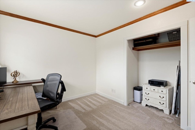 office area with ornamental molding, light colored carpet, and baseboards