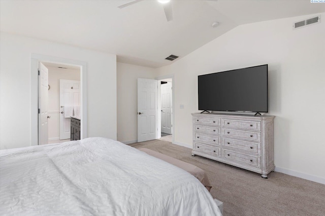 bedroom featuring lofted ceiling, baseboards, visible vents, and light colored carpet