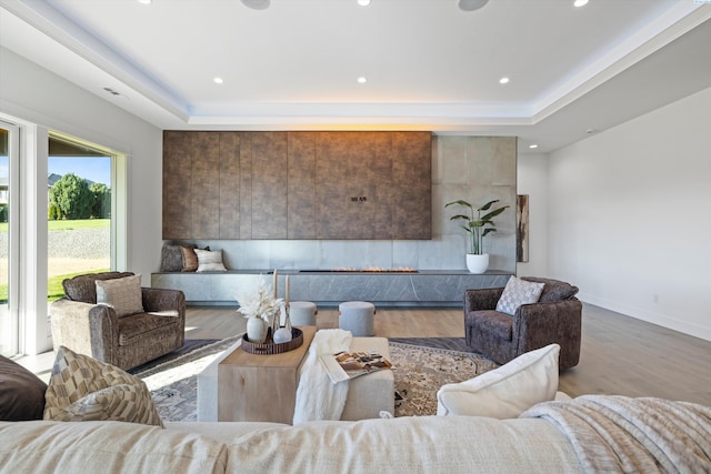 living room featuring light hardwood / wood-style flooring and a tray ceiling