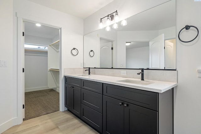 bathroom with a walk in closet, wood finished floors, a sink, and double vanity