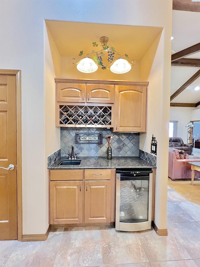 bar featuring wine cooler, beam ceiling, sink, and backsplash