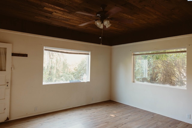 empty room featuring ceiling fan, wood ceiling, and light hardwood / wood-style flooring