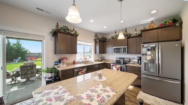 8902 Sophie Rae Ct, Pasco, WA 99301 - kitchen with stainless steel appliances, wood finished floors, dark brown cabinetry, recessed lighting, and pendant lighting