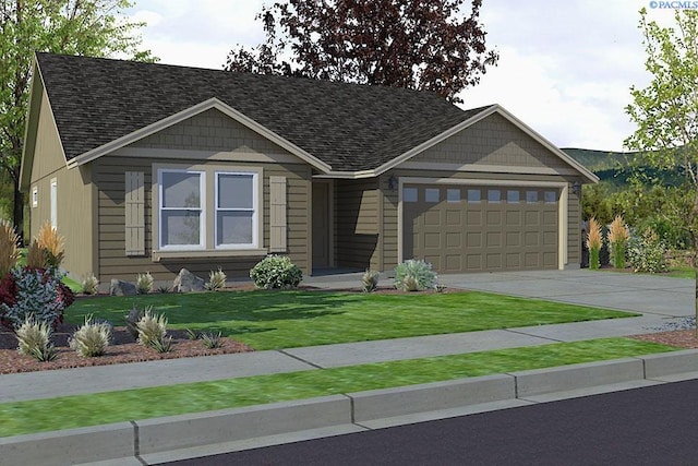 view of front of home with a garage, a front yard, concrete driveway, and a shingled roof