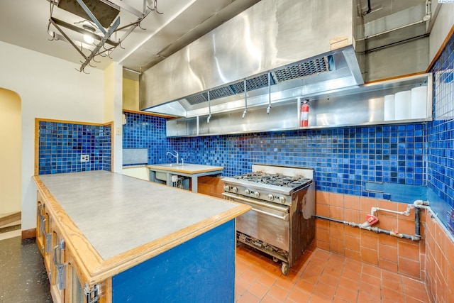 kitchen with sink, tile walls, high end stainless steel range oven, range hood, and decorative backsplash