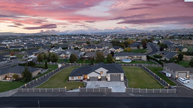 view of aerial view at dusk