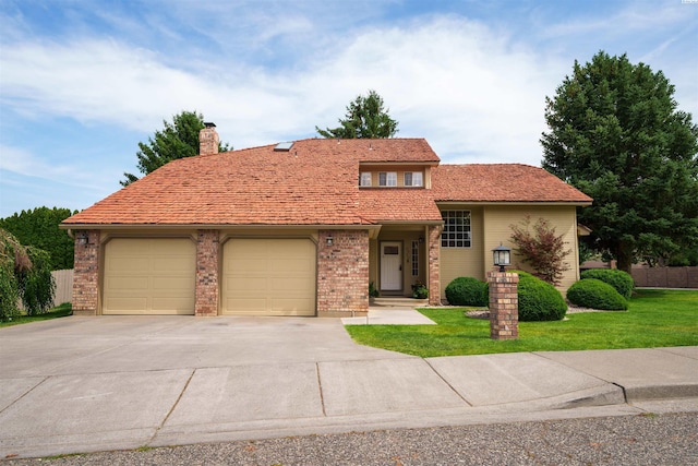2929 S Ledbetter Pl, Kennewick, WA 99337 - view of front of house featuring driveway, a garage, a front yard, and a chimney
