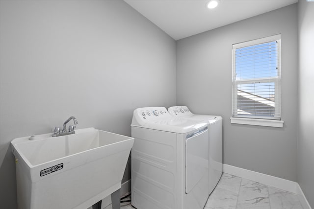 200 Claret Dr, Prosser, WA 99350 - clothes washing area with a sink, baseboards, laundry area, marble finish floor, and separate washer and dryer