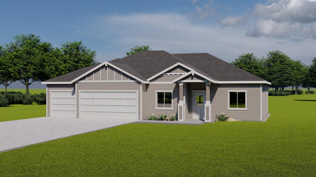 6290 W 28th Ave, Kennewick, WA 99338 - view of front of home featuring a front yard, a garage, concrete driveway, and roof with shingles