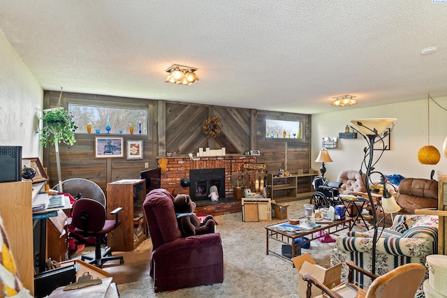 5820 W Park Pl, Pasco, WA 99301 - living area with a textured ceiling, carpet flooring, and wood walls