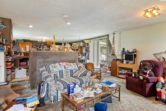 5820 W Park Pl, Pasco, WA 99301 - living room featuring carpet flooring, a textured ceiling, and a chandelier