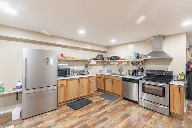 625 SW Dawnview Ct, Pullman, WA 99163 - kitchen with appliances with stainless steel finishes, wall chimney exhaust hood, a sink, open shelves, and light countertops