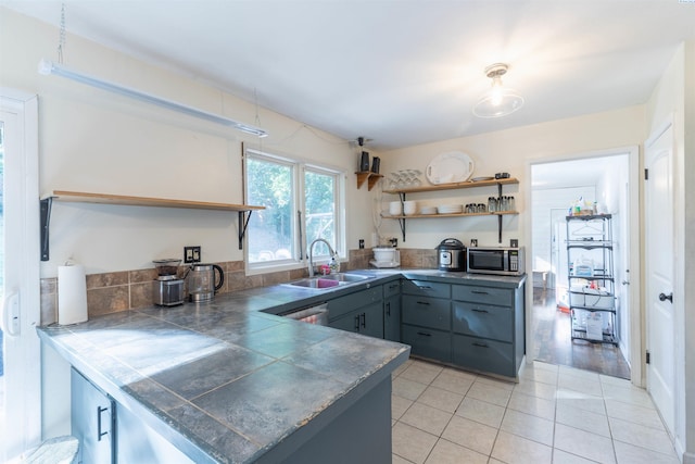 625 SW Dawnview Ct, Pullman, WA 99163 - kitchen featuring open shelves, gray cabinets, stainless steel microwave, a sink, and light tile patterned floors