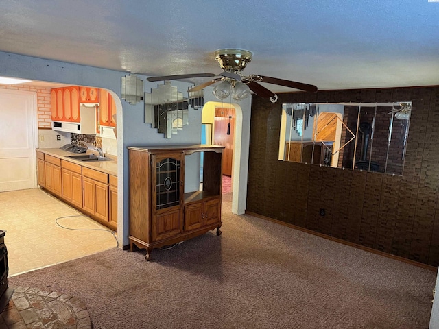 kitchen with sink, carpet floors, and ceiling fan